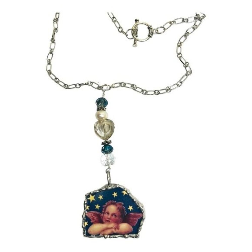 Cherub Broken China Pendant Caged in Silver Blend Metalwork with Crystal Beads - Picture 6 of 15